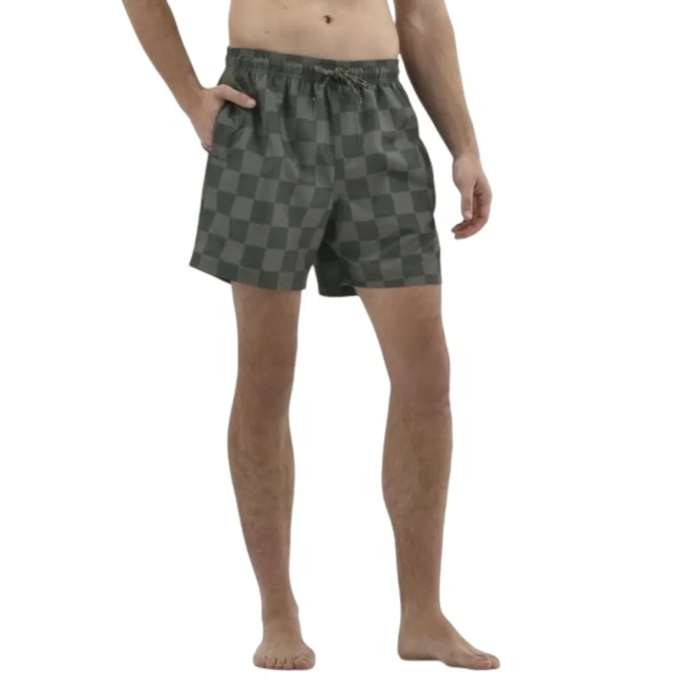 No Boundaries Men's Checkered Elastic Waist Swim Trunks, 6